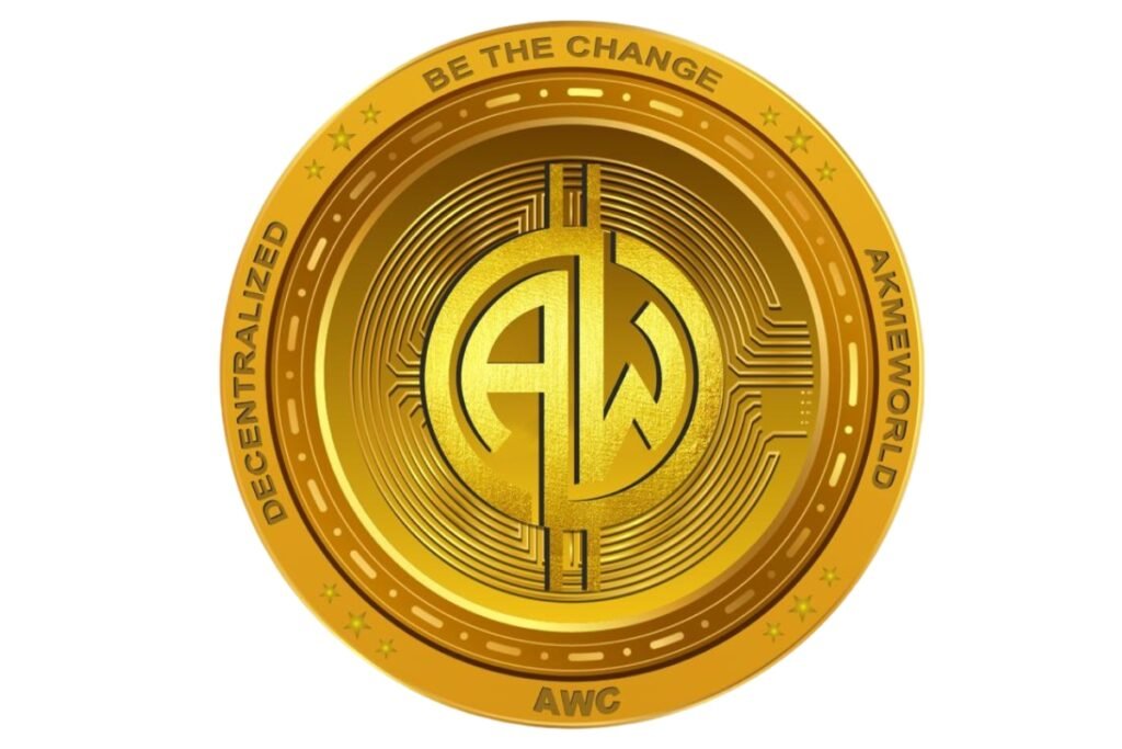 AkmeWorld Coin (AWC) logo in gold, representing a decentralized digital currency.