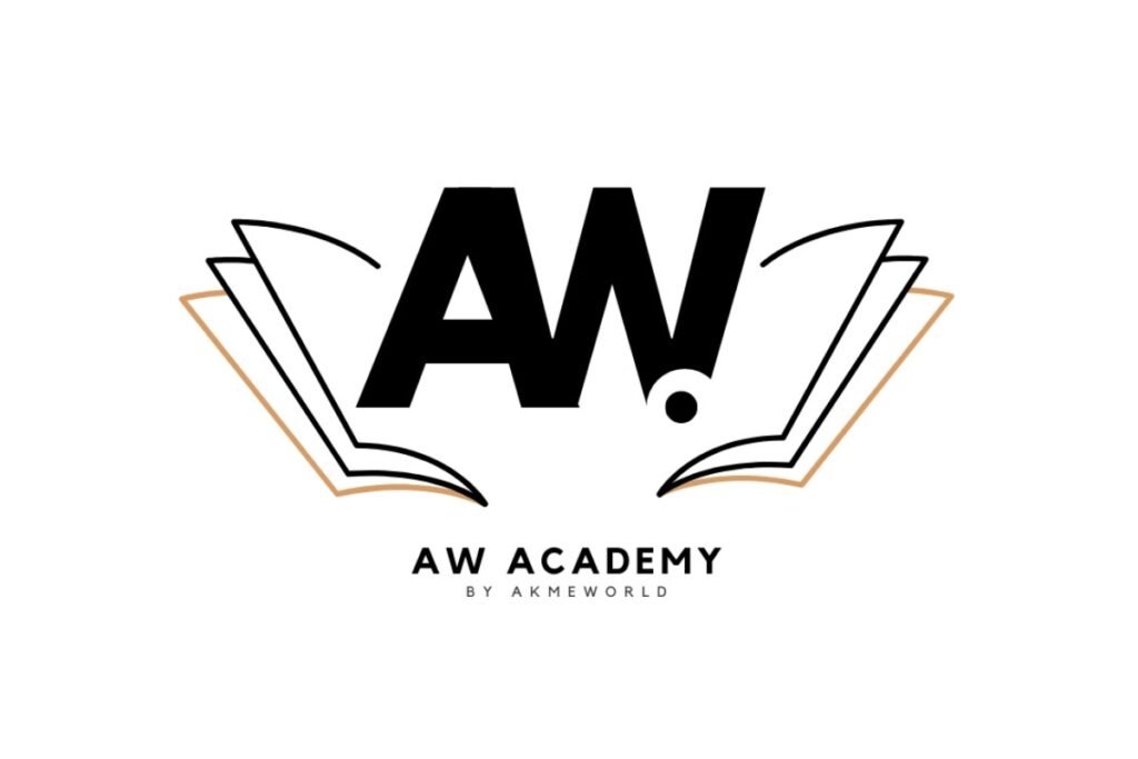 AW Academy logo with open book design, representing AkmeWorld’s educational initiative for technology learning.