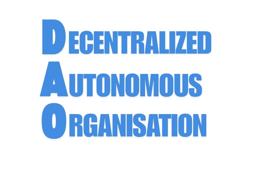 DAO text image with bold text, representing a decentralized governance model.