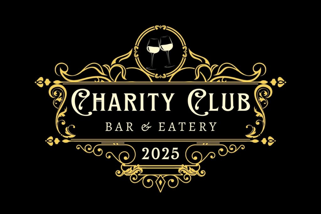 Charity Club logo with elegant gold design, representing a bar and eatery focused on community support.