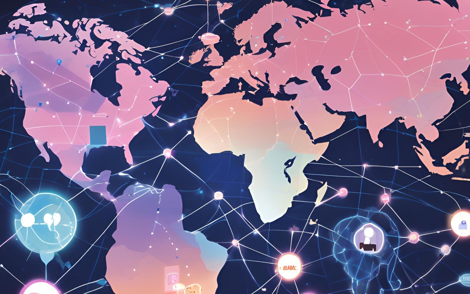 Global map with interconnected network nodes representing the Akmepreneur community.