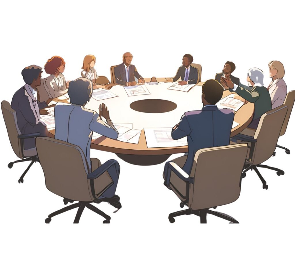 Diverse group of people engaging in a roundtable discussion.