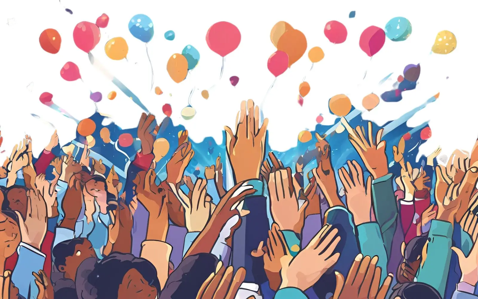 A crowd of raised hands with colorful balloons in the background, symbolizing community involvement.