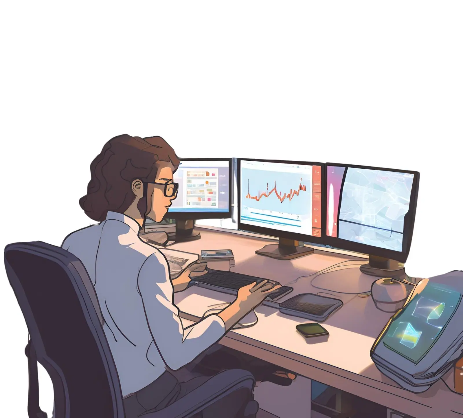 A person working at a desk with multiple monitors displaying data, graphs, and analytics, symbolizing career and job opportunities in a tech environment.