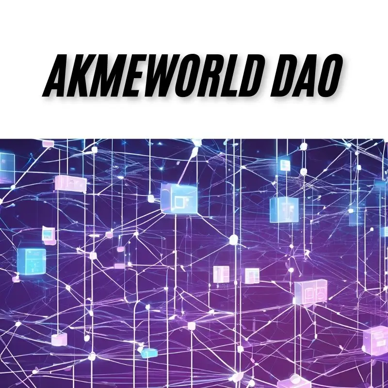 Digital network representing blockchain nodes and decentralized structures, symbolizing AkmeWorld DAO as a Web 3.0 company.