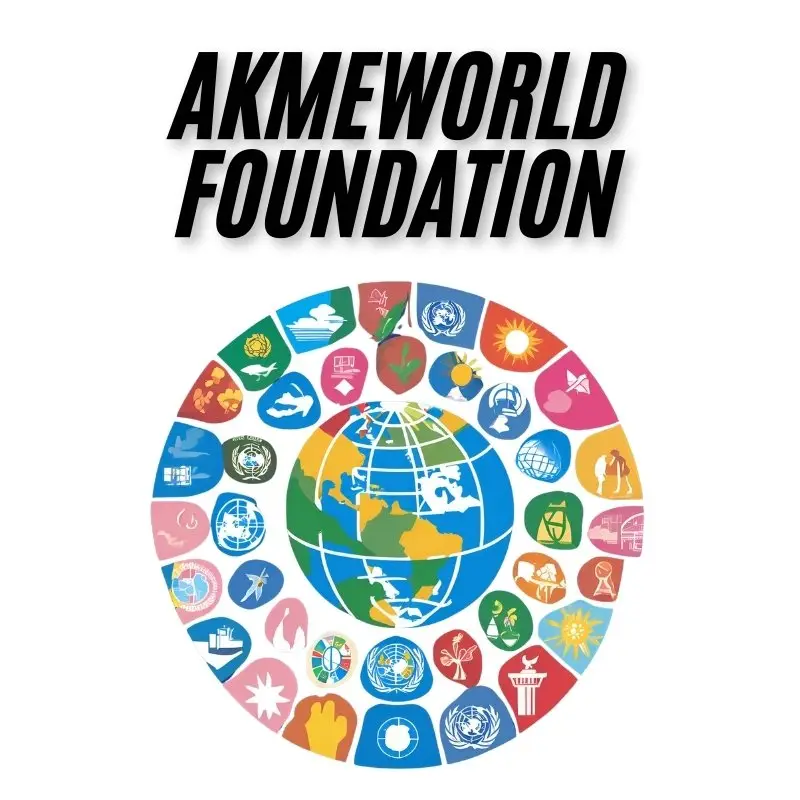 Globe surrounded by icons representing global causes, symbolizing AkmeWorld Foundation’s commitment to advancing technology for humanity.