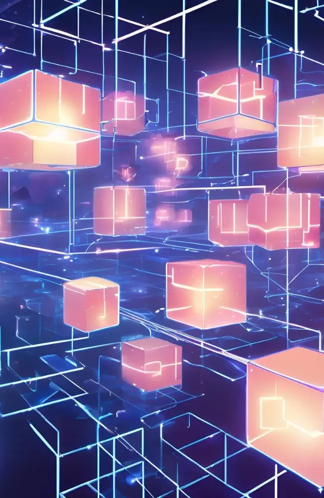 Network of digital cubes representing a blockchain system, symbolizing a secure and transparent ledger.