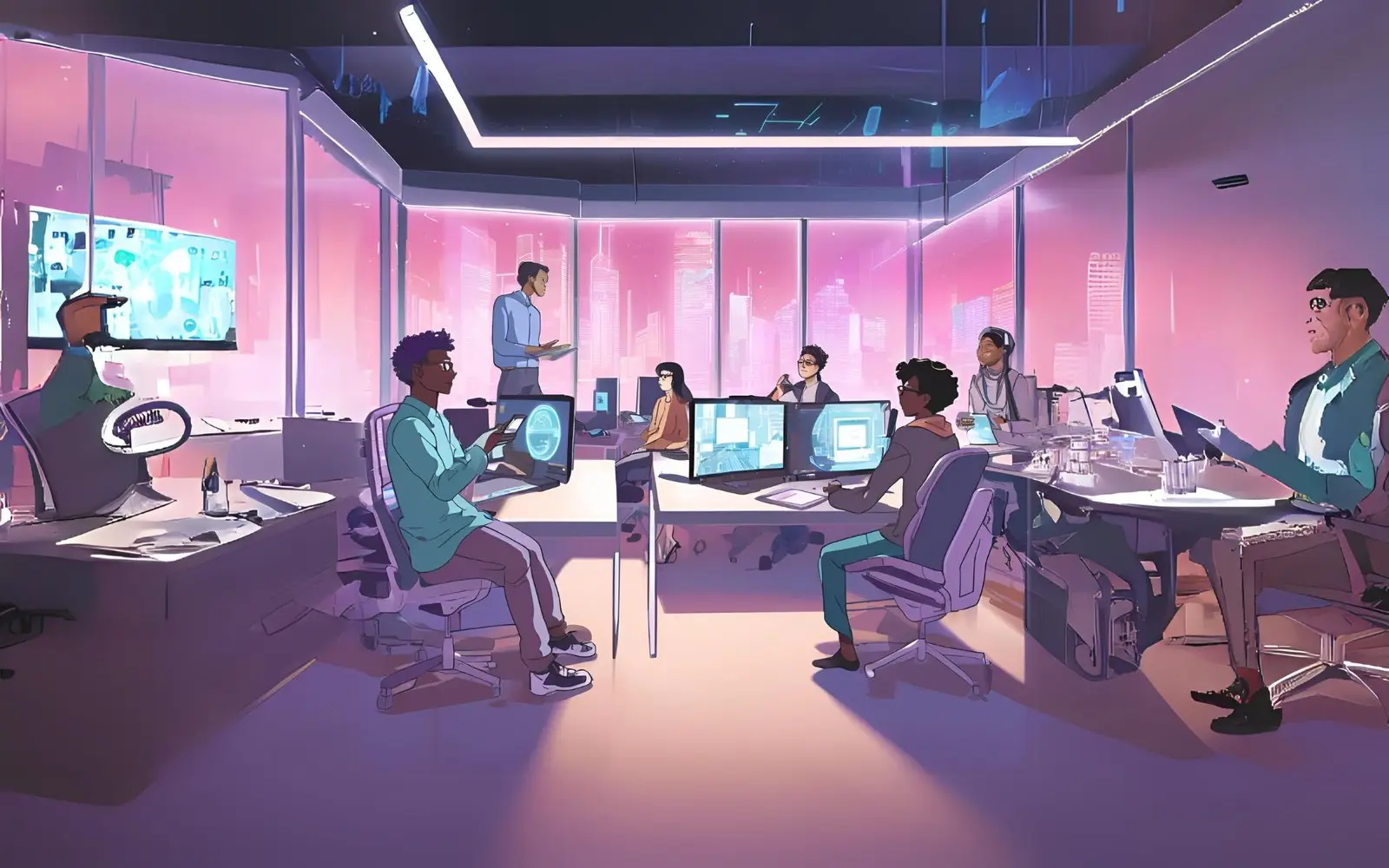 A diverse team working in a modern, high-tech office, collaborating on advanced computer screens with holographic interfaces.