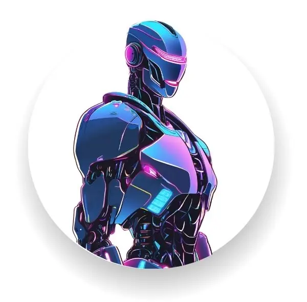 Stylized futuristic robot in neon colors, symbolizing technological advancement and innovation.