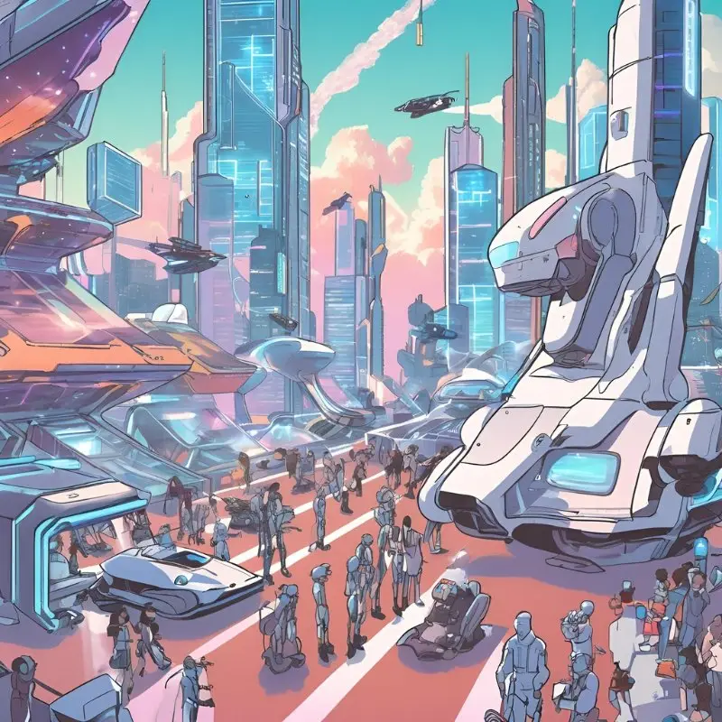 A futuristic city with advanced technology, towering skyscrapers, and people interacting with robots and smart infrastructure.